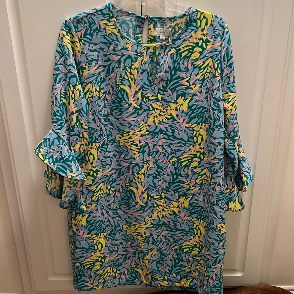 NWT Mudpie multi color dress Liza Bell Sleeve Size M